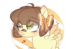 Size: 2067x1399 | Tagged: safe, artist:lazuli, artist:mint-light, imported from derpibooru, oc, oc only, pegasus, pony, bandaid, bandaid on nose, bow, commission, eye clipping through hair, hair bow, heart, looking up, pegasus oc, simple background, solo, transparent background, wings, ych result