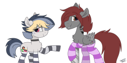 Size: 4000x2000 | Tagged: safe, artist:liquorice_sweet, imported from derpibooru, oc, oc only, oc:artfulcord, oc:liquorice sweet, earth pony, pegasus, pony, amputee, clothes, prosthetic limb, prosthetics, sikan pegasus, simple background, socks, striped socks, tattoo, thigh highs, transparent background, watermark