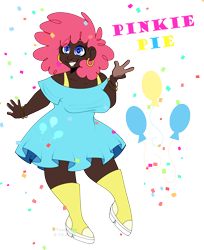 Size: 3300x4036 | Tagged: safe, artist:tuzz-arts, derpibooru exclusive, imported from derpibooru, pinkie pie, human, boots, bracelet, chubby, clothes, dark skin, dress, ear piercing, earring, female, frilly dress, humanized, jewelry, piercing, platform shoes, shoes, simple background, smiling, solo, text, transparent background