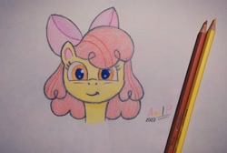 Size: 2622x1757 | Tagged: safe, artist:axelp, imported from derpibooru, apple bloom, pony, my little pony: pony life, bust, female, filly, g4.5, pencil, portrait, smiling, solo, traditional art