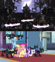 Size: 1876x2120 | Tagged: safe, edit, edited screencap, imported from derpibooru, screencap, applejack, fluttershy, pinkie pie, rainbow dash, rarity, twilight sparkle, changeling, a canterlot wedding, bumblebee, bumblebee (transformers), captured, comparison, crossover, decepticon, kaon, laserbeak, mane six, optimus prime, sideswipe, soundwave, transformers, transformers war for cybertron, transformers: war for cybertron, vehicon