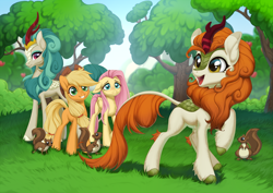 Size: 2500x1767 | Tagged: safe, artist:kyotoleopard, imported from derpibooru, applejack, autumn blaze, fluttershy, rain shine, earth pony, kirin, pegasus, pony, squirrel, sounds of silence, apple, apple tree, applejack's hat, awwtumn blaze, blushing, cowboy hat, cute, digital art, female, floppy ears, food, forest, grass, grin, happy, hat, high res, hooves, horn, mare, missing cutie mark, open mouth, raised hoof, singing, smiling, tail, tree, wings