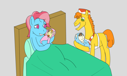 Size: 1024x613 | Tagged: safe, artist:allonsos-evil-lair, imported from derpibooru, carrot cake, cup cake, pound cake, pumpkin cake, earth pony, pony, baby cakes, atg 2018, baby, baby blanket, baby pony, bed, birth, boop, cake twins, crying, newbie artist training grounds, newborn, newborn babies, newborn colt, newborn twins, newborns, siblings, swaddling, tears of joy, twins, yawn