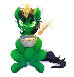 Size: 1954x2038 | Tagged: safe, artist:confetticakez, imported from derpibooru, oc, oc only, pony, unicorn, baking, batter, bowl, cake batter, chef's hat, chest fluff, clothes, hat, levitation, magic, male, mixing bowl, simple background, sitting, solo, stallion, telekinesis, tongue out, underhoof, white background