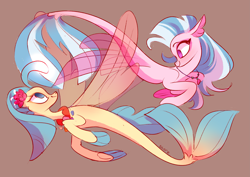 Size: 4093x2894 | Tagged: safe, artist:shore2020, imported from derpibooru, princess skystar, silverstream, seapony (g4), my little pony: the movie, brown background, cousins, cute, duo, female, high res, no pupils, seapony silverstream, seashell necklace, simple background