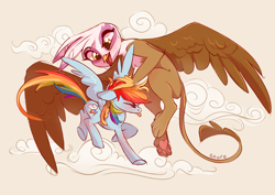 Size: 4093x2894 | Tagged: safe, artist:shore2020, imported from derpibooru, gilda, rainbow dash, griffon, pegasus, pony, cloud, cute, duo, duo female, female, flying, high res, mare, noogie, open mouth, ruffled hair, size difference, tongue out