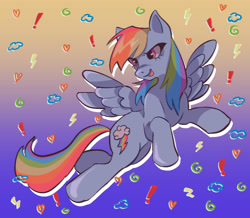 Size: 1279x1117 | Tagged: safe, artist:beeb, imported from derpibooru, rainbow dash, pegasus, pony, cloud, doodles, exclamation point, female, heart, lightning, mare, open mouth, pixiv, solo, stars, swirls