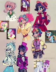 Size: 3163x4045 | Tagged: source needed, safe, artist:valeriamagicart, imported from derpibooru, applejack, flutterholly, fluttershy, merry, pinkie pie, rainbow dash, rarity, snowdash, snowfall frost, spirit of hearth's warming past, spirit of hearth's warming presents, starlight glimmer, human, a hearth's warming tail, cupcake, female, food, humanized, scene interpretation, screencap reference, traditional art