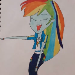 Size: 1080x1080 | Tagged: safe, alternate version, artist:pastelqueenart, imported from derpibooru, rainbow dash, equestria girls, clothes, female, laughing, open mouth, smiling, solo, traditional art