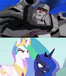 Size: 1900x2180 | Tagged: safe, edit, edited screencap, imported from derpibooru, screencap, princess celestia, princess luna, the ending of the end, angry, begging, comparison, crossover, decepticon, megatron, the transformers: the movie, transformers, transformers generation 1