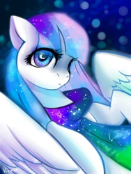 Size: 900x1199 | Tagged: safe, artist:kiwwsplash, imported from derpibooru, oc, oc only, pegasus, pony, clothes, constellation, crescent moon, moon, pegasus oc, scarf, solo, wingding eyes, wings