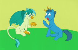 Size: 1024x655 | Tagged: safe, artist:allonsos-evil-lair, imported from derpibooru, gallus, sandbar, earth pony, griffon, pony, atg 2018, griffon sandbar, griffonized, implied transformation, newbie artist training grounds, ponified, ponified gallus, pony gallus, role reversal, species swap