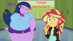 Size: 1000x563 | Tagged: safe, artist:shitigal-artust, edit, editor:feherdavid, imported from derpibooru, sunset shimmer, twilight sparkle, equestria girls, breasts, eyes closed, fat, hair flip, twilard sparkle