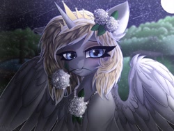 Size: 1620x1215 | Tagged: safe, alternate version, artist:pearl123_art, imported from derpibooru, oc, oc only, oc:pearl, alicorn, pony, alicorn oc, eyelashes, female, flower, flower in hair, flower in mouth, full moon, horn, mare, moon, mouth hold, night, solo, spread wings, stars, wings