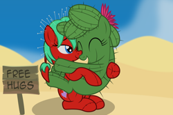 Size: 2906x1939 | Tagged: safe, artist:badumsquish, derpibooru exclusive, imported from derpibooru, oc, oc only, oc:ferah, oc:poppet, cactus pony, monster pony, object pony, original species, pincushion pony, plant pony, plush pony, pony, cactus, cute, desert, dunes, duo, ear piercing, everything went better than expected, female, flower, flower in hair, food, free hugs, hair bun, hair ornament, happy, hedgehog's dilemma, holding a pony, hug, hugs needed, mare, needle, nuzzling, open mouth, piercing, pincushion, pins, plant, plushie, plushie pony, ponified, road, sad, sitting, sky, smiling, smirk, snuggling, spikes, strawberry, tomato, tumbleweed