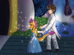 Size: 2048x1536 | Tagged: safe, artist:pearl123_art, imported from derpibooru, smolder, oc, dragon, human, fanfic:the lost element, bowtie, buckled shoes, cane, canon x oc, canterlot castle, clothes, dragoness, drawbridge, dress, duo, ear piercing, earring, evening gloves, female, folded wings, gem, gloves, grass, holding hands, horns, interspecies, jewel, jewelry, lilypad, long gloves, male, piercing, rock, romantic, shoes, sitting, slacks, smolder also dresses in style, straight, suit, tail, tailcoat, tiara, tomboy taming, walking stick, waterfall, wedding dress, white tuxedo, wings