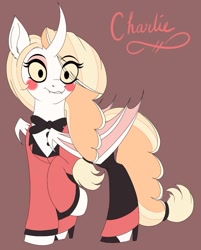 Size: 1275x1583 | Tagged: safe, artist:pearl123_art, imported from derpibooru, alicorn, bat pony, bat pony alicorn, demon, demon pony, pony, bat wings, blush sticker, blushing, bowtie, charlie magne, charlie morningstar, clothes, eye clipping through hair, fangs, female, hazbin hotel, horn, multiple limbs, ponified, raised hoof, solo, wings