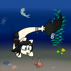 Size: 1050x1050 | Tagged: safe, artist:scraggleman, imported from derpibooru, oc, oc only, oc:floor bored, fish, jellyfish, lobster, seapony (g4), controller, ponytail, seaponified, snes controller, solo, species swap, underwater