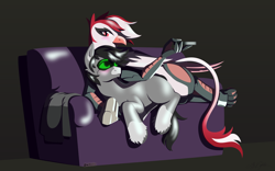 Size: 5120x3200 | Tagged: safe, artist:willoillo, imported from derpibooru, oc, oc:fuzzy fetlocks, oc:hera sinclair, cyborg, earth pony, griffon, augmented, blushing, couch, cuddling, cyberpunk, female, fetlock tuft, larger female, male, sierra nevada, size difference, smaller male, spooning