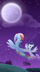 Size: 1280x2276 | Tagged: safe, artist:nadiakaizane, imported from derpibooru, rainbow dash, soarin', pegasus, pony, female, flying, male, mare, movie accurate, night, shipping, soarindash, stallion, straight