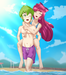 Size: 1716x1920 | Tagged: safe, artist:thebrokencog, imported from derpibooru, apple bloom, spike, human, anime, apple bloom's bow, barefoot, beach, belly button, bikini, bow, breasts, cleavage, clothes, commission, duo, eyes closed, feet, female, hair bow, humanized, male, one eye closed, piggyback ride, shipping, shorts, spikebloom, straight, swimsuit, water, wink