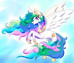 Size: 5094x4332 | Tagged: safe, artist:nedemai, imported from derpibooru, princess celestia, alicorn, pony, colorful, female, flying, solo