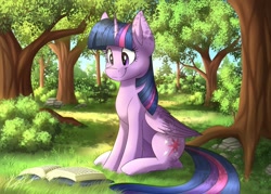 Size: 1280x915 | Tagged: safe, artist:kaylerustone, imported from derpibooru, twilight sparkle, alicorn, pony, book, bush, cute, female, happy, mare, reading, sitting, smiling, solo, tree, twiabetes, twilight sparkle (alicorn)