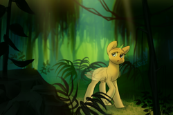 Size: 3000x2000 | Tagged: safe, artist:klooda, imported from derpibooru, sunbeam, pony, advertisement, any race, commission, crepuscular rays, detailed, detailed background, female, fern, generic pony, green background, jungle, leaves, looking at you, mare, open mouth, path, plant, rock, simple background, solo, sun ray, sunshine, tree, walking, ych example, ych sketch, your character here