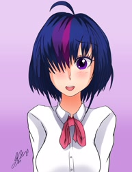 Size: 1583x2048 | Tagged: safe, alternate version, artist:manhunterj, imported from derpibooru, twilight sparkle, human, alternate hairstyle, anime, dialogue, female, hair over one eye, haircut, humanized, open mouth, short hair, signature, solo