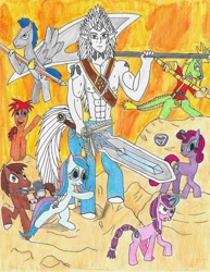 Size: 1024x1326 | Tagged: safe, artist:martialarts2003, imported from derpibooru, oc, oc:sagittarius, centaur, earth pony, hybrid, kirin, pegasus, unicorn, color pencil, fantasy class, hero, lineart, marker drawing, ponyoc, sword, traditional art, warrior, weapon