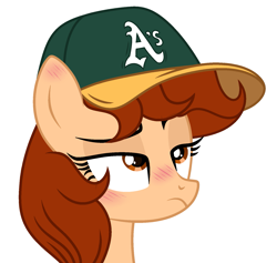 Size: 1665x1581 | Tagged: safe, artist:lazuli, artist:mint-light, artist:rioshi, artist:starshade, imported from derpibooru, oc, oc only, oc:vanilla creame, pegasus, pony, alcohol, baseball cap, beer, cap, hat, oakland athletics, shadow, simple background, solo, white background