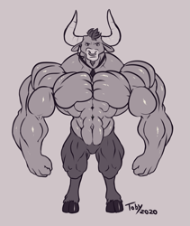 Size: 1513x1789 | Tagged: safe, artist:toby_art, imported from derpibooru, iron will, minotaur, abs, explicit source, grayscale, male, monochrome, muscles, muscular male, necktie, nose piercing, nose ring, piercing, septum piercing, solo