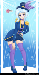 Size: 927x1782 | Tagged: safe, alternate version, artist:clouddg, imported from derpibooru, trixie, equestria girls, abstract background, breasts, busty trixie, clothes, epaulettes, female, hand on hip, hat, human coloration, legs, looking at you, multiple variants, shoes, signature, skirt, socks, solo, stockings, thigh highs, thigh socks, top hat, zettai ryouiki