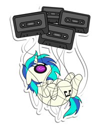 Size: 5000x6000 | Tagged: safe, alternate version, artist:blissprism, imported from derpibooru, dj pon-3, vinyl scratch, pony, unicorn, absurd resolution, broken glasses, cassette tape, compact cassette, entangled, female, glasses, mare, redraw, simple background, solo, sunglasses, tangled up, transparent background