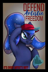 Size: 3000x4516 | Tagged: safe, artist:anonymous, imported from derpibooru, princess luna, pony, art pack:marenheit 451, /mlp/, artistic freedom, cap, hat, magic, poster