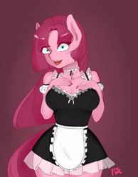 Size: 3500x4500 | Tagged: safe, alternate version, artist:nieshjj, imported from derpibooru, pinkie pie, anthro, breasts, busty pinkie pie, choker, clothes, creepypasta, dark background, female, french maid, high res, horror, looking at you, maid, makeup, mole, nail polish, pinkamena diane pie, signature, skirt, smiling, solo, straight hair, tail, yandere, yandere pie