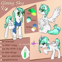 Size: 1280x1280 | Tagged: safe, artist:daisyminttea, imported from derpibooru, oc, oc only, oc:glassy sky, pegasus, pony, clothes, female, mare, pegasus oc, reference, reference sheet, simple background, text, tongue out, wings