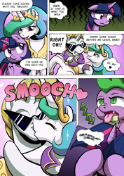 Size: 1204x1700 | Tagged: safe, artist:tarkron, imported from derpibooru, princess celestia, spike, twilight sparkle, oc, oc:cosmo cool, alicorn, dragon, pony, unicorn, comic:the royal sandal, canon x oc, comic, dialogue, female, kissing, male, shipping, speech bubble, straight, sunglasses, tongue out, twilight sparkle (alicorn)