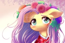 Size: 1280x854 | Tagged: safe, artist:symbianl, imported from derpibooru, fluttershy, pegasus, pony, blushing, chest fluff, clothes, cute, female, flower, flower in hair, hime cut, kimono (clothing), leaves, leaves in hair, shyabetes, solo, weapons-grade cute