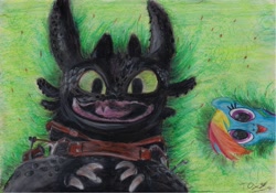 Size: 1280x897 | Tagged: safe, artist:darkwetoxy, imported from derpibooru, rainbow dash, oc, oc:chilling, pegasus, pony, crayons, cute, dashabetes, dreamworks, grass, happy, how to train your dragon, toothless the dragon