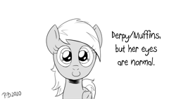 Size: 1200x675 | Tagged: safe, artist:pony-berserker, imported from derpibooru, derpy hooves, pegasus, pony, alternate universe, black and white, caption, cursed image, evil twin, female, grayscale, halftone, heresy, looking at you, mare, monochrome, moral event horizon, pony-berserker's twitter sketches, pure unfiltered evil, simple background, smiling, solo, something is not right, stippling, underp, we are going to hell, white background