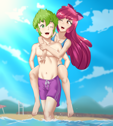 Size: 1716x1920 | Tagged: safe, alternate version, artist:thebrokencog, imported from derpibooru, apple bloom, spike, human, anime, apple bloom's bow, beach, bikini, bow, clothes, commission, female, hair bow, humanized, male, one eye closed, piggyback ride, sand, shipping, shorts, spikebloom, straight, swimsuit, water, wink