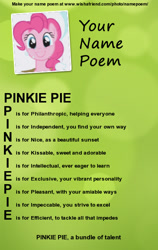 Size: 400x634 | Tagged: safe, artist:worldofcaitlyn, imported from derpibooru, pinkie pie, earth pony, pony, acronym, cute, daaaaaaaaaaaw, diapinkes, female, green background, it came from deviantart, name poem, simple background, smiling, solo, wholesome