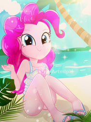 Size: 1800x2400 | Tagged: safe, artist:artmlpk, imported from derpibooru, pinkie pie, equestria girls, adorable face, adorasexy, adorkable, beach, beautiful, bow, clothes, cloud, cute, diapinkes, digital art, dork, feet, female, grin, island, light, looking at you, palm tree, plant, sand, sandals, sexy, sleeveless, smiley face, smiling, smiling at you, solo, swimsuit, tree, water, watermark