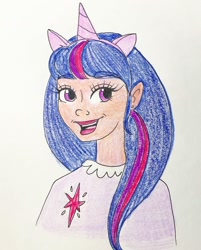 Size: 1080x1344 | Tagged: safe, alternate version, artist:malin_sketches, imported from derpibooru, twilight sparkle, human, bust, clothes, eyelashes, fake ears, fake horn, female, humanized, lipstick, open mouth, smiling, solo, traditional art