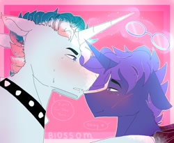 Size: 1280x1049 | Tagged: safe, artist:shinningblossom12, imported from derpibooru, oc, oc only, pony, unicorn, blushing, bust, choker, cuffs, dialogue, gay, glowing horn, horn, magic, male, oc x oc, shipping, spiked choker, stallion, telekinesis, unicorn oc