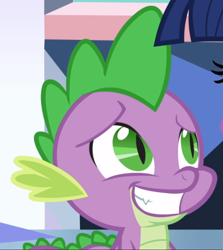 Size: 732x819 | Tagged: safe, imported from derpibooru, screencap, spike, the times they are a changeling, cropped, cute, cute little fangs, fangs, looking up, male, smiling, solo, spikabetes, teeth