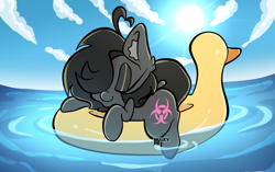 Size: 2894x1821 | Tagged: safe, artist:murkypie, imported from derpibooru, oc, oc only, oc:toxxie, duck, earth pony, pony, cloud, cute, ocean, solo, summer, sun