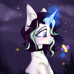 Size: 3500x3500 | Tagged: safe, artist:lazuli, artist:mint-light, imported from derpibooru, oc, oc only, firefly (insect), insect, pony, blushing, bust, choker, commission, ear fluff, glowing horn, horn, night, smiling, solo, stars, ych result