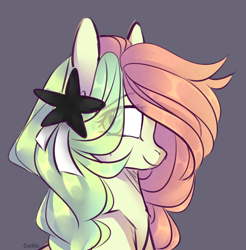 Size: 2944x2988 | Tagged: safe, artist:lazuli, artist:mint-light, imported from derpibooru, oc, oc only, earth pony, pony, bust, earth pony oc, eye clipping through hair, gray background, hairclip, simple background, smiling, solo